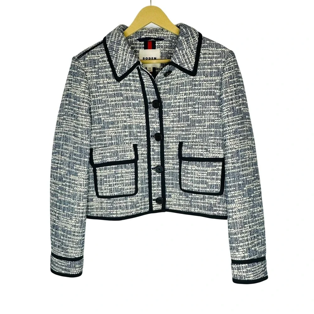 BODEN‎ Tweed Boucle Skirt Suit Set Women's US 12 Navy Cream Quiet Luxury Preppy